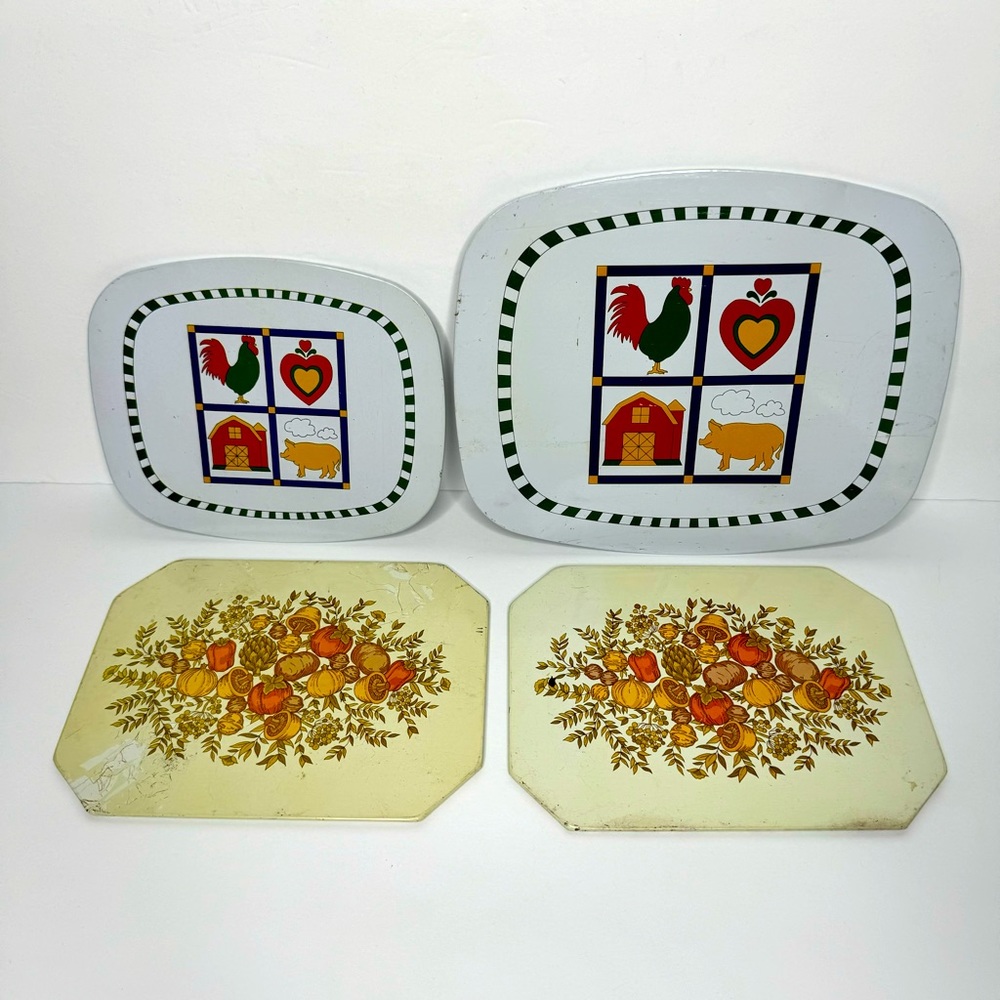 Ballonoff Vintage Metal Pot Holders With Mushrooms and Chickens set of 4